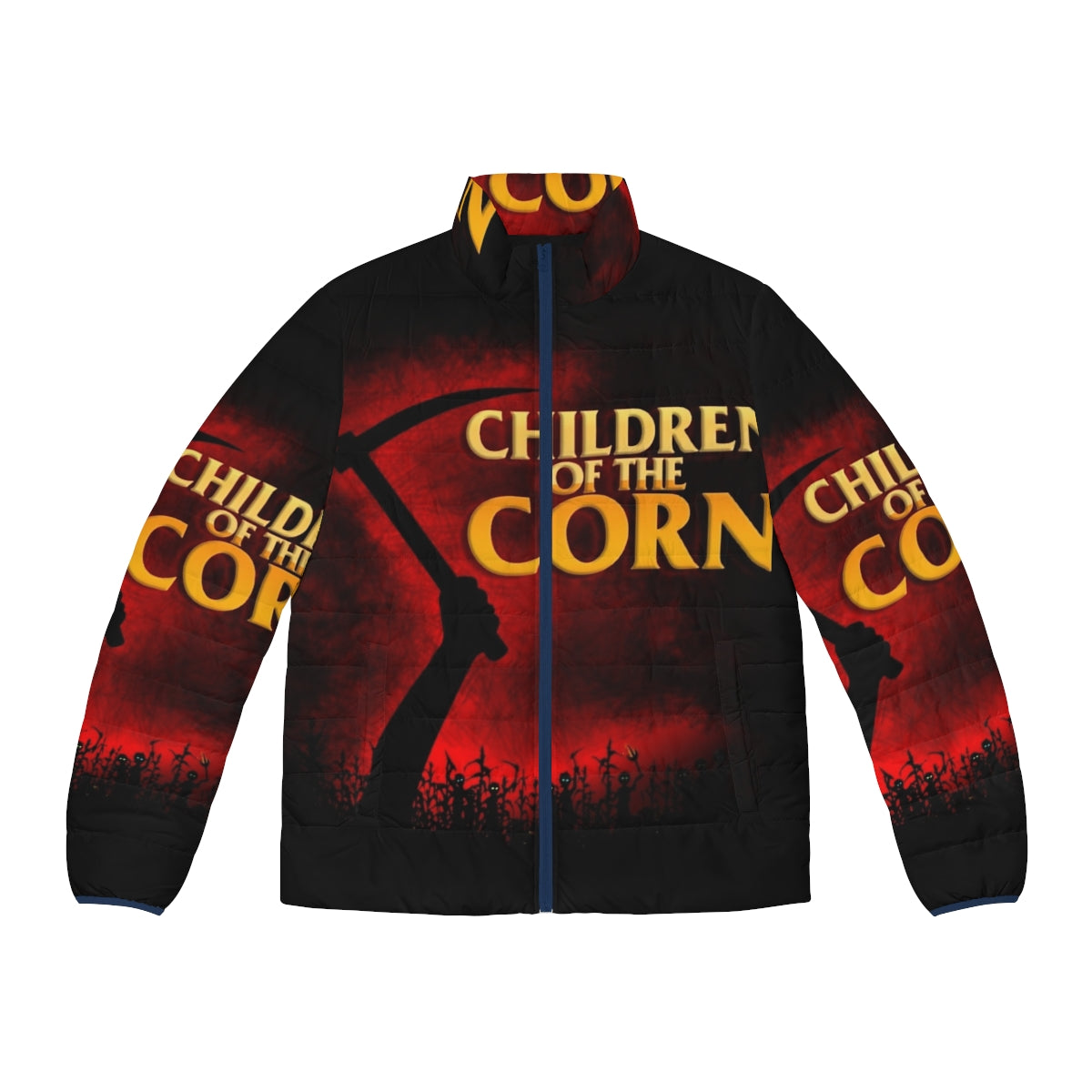 "Children of the Corn" inspired puffer jacket with horror movie imagery