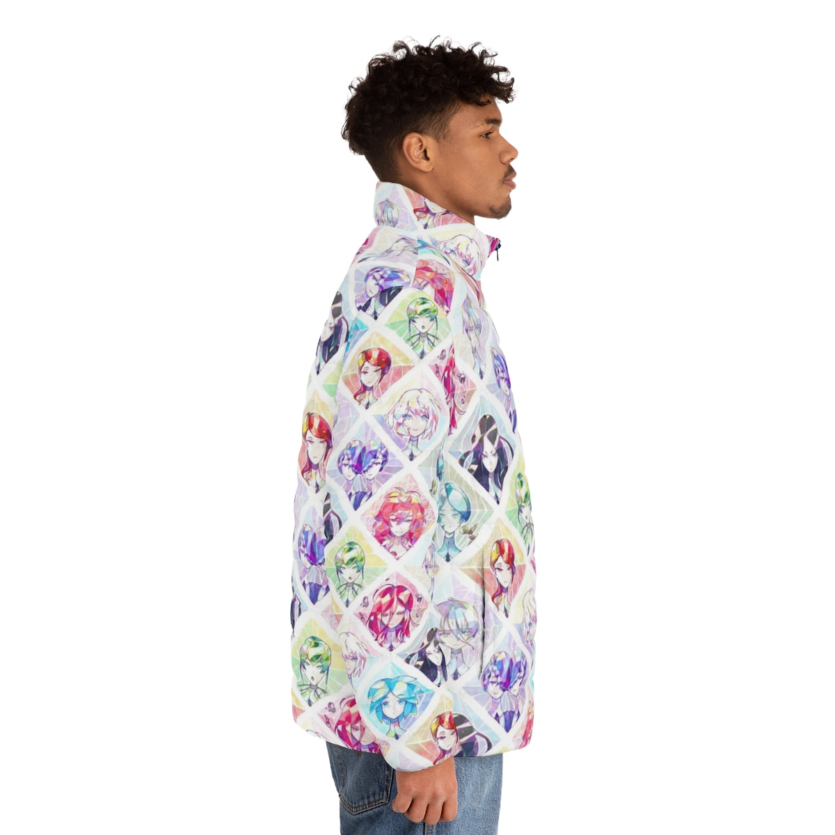 Houseki No Kuni inspired puffer jacket featuring luminous gem designs - men side right