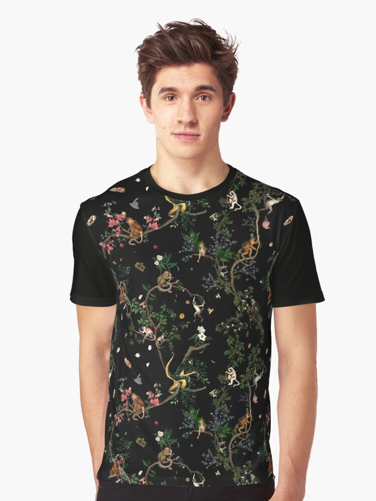 Vintage-style graphic t-shirt featuring a monkey in a botanical jungle scene - Men