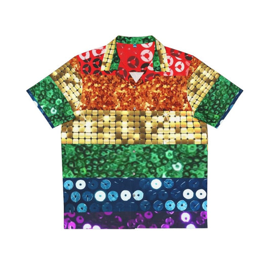 Sequin pride flag print on a vibrant Hawaiian shirt