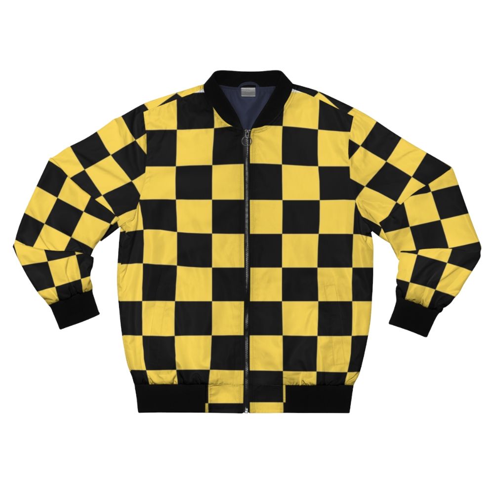 A black and yellow checkered bomber jacket with a geometric, patterned design.