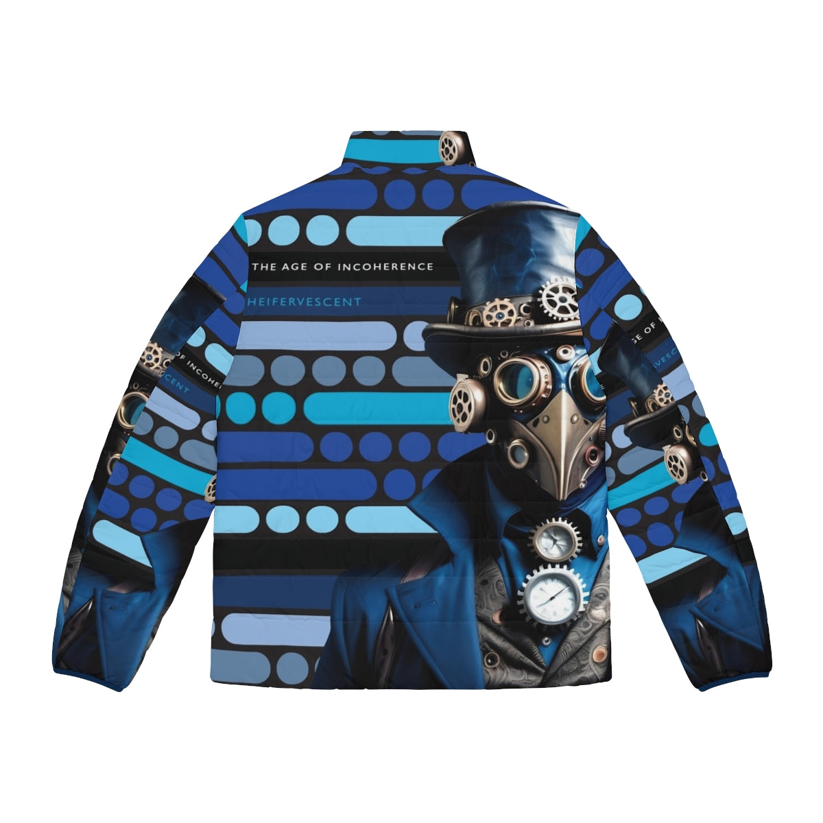 A stylish blue puffer jacket with a steampunk-inspired design, featuring Morse code accents. - Back