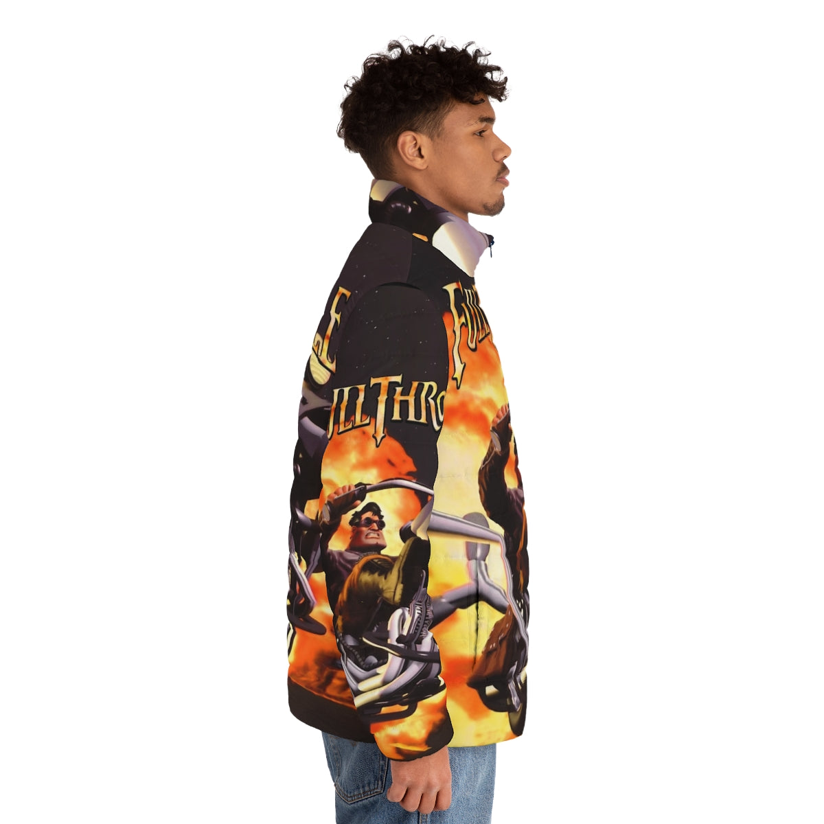 A high contrast puffer jacket inspired by retro gaming - men side right