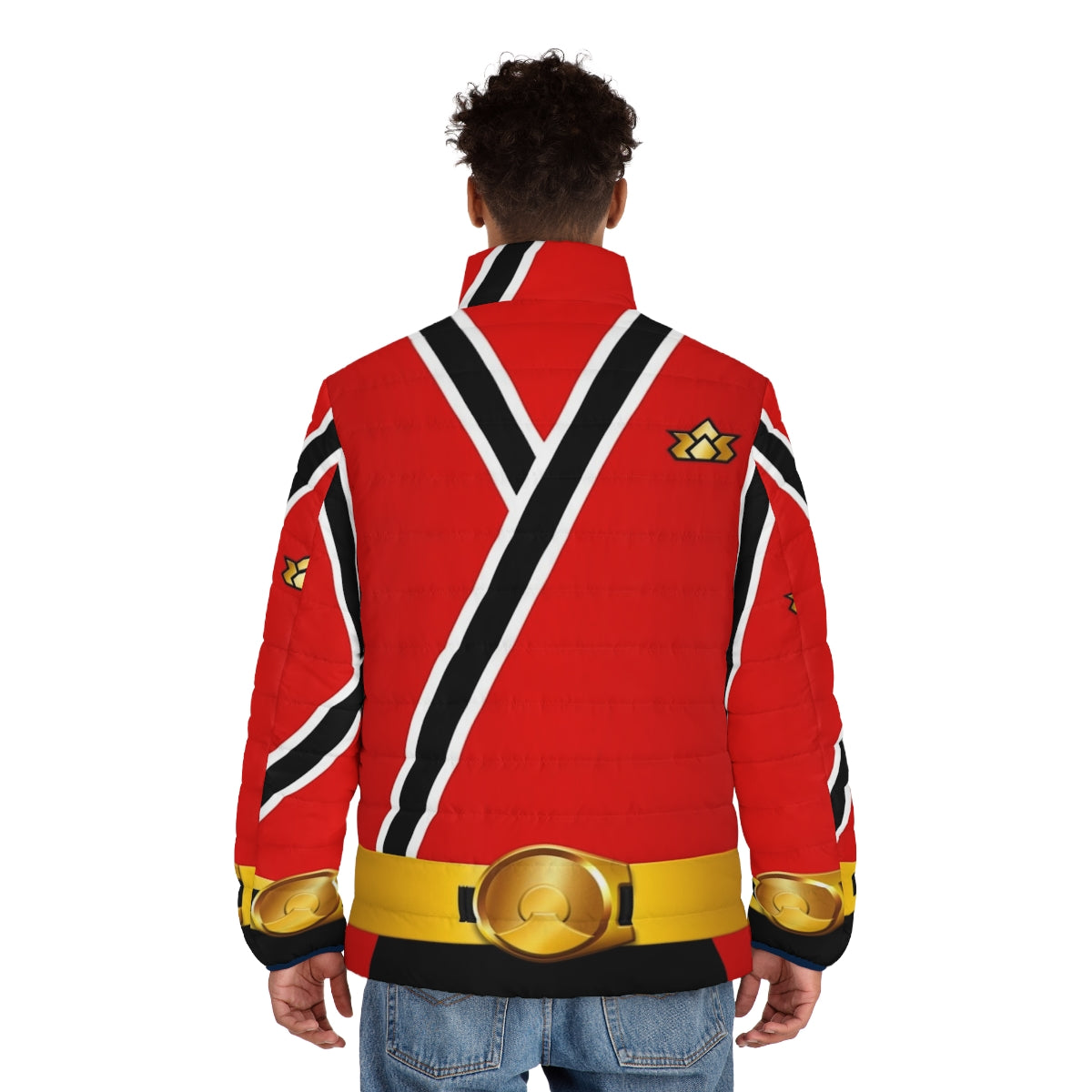 Samurai Red Puffer Jacket with Shinkenger and Super Sentai Inspired Design - men back