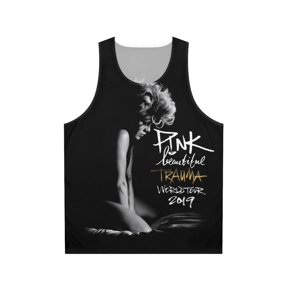 Unisex pink tank top with music and trauma recovery design