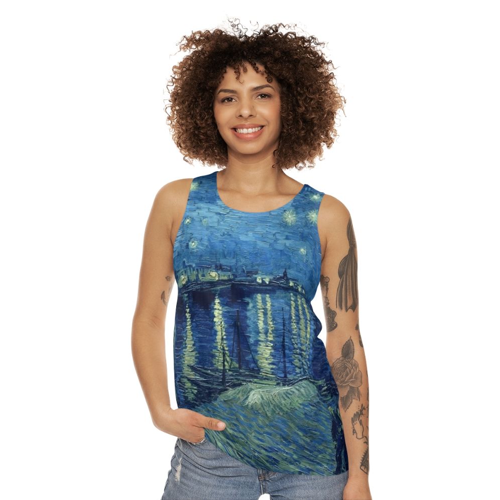 Unisex tank top featuring Van Gogh's Starry Night Over The Rhone painting - women