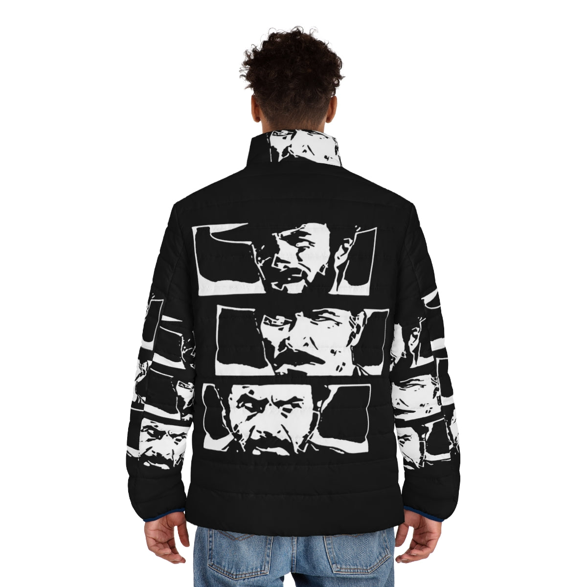 The Good, The Bad and The Ugly Puffer Jacket featuring iconic Sergio Leone spaghetti western movie design - men back