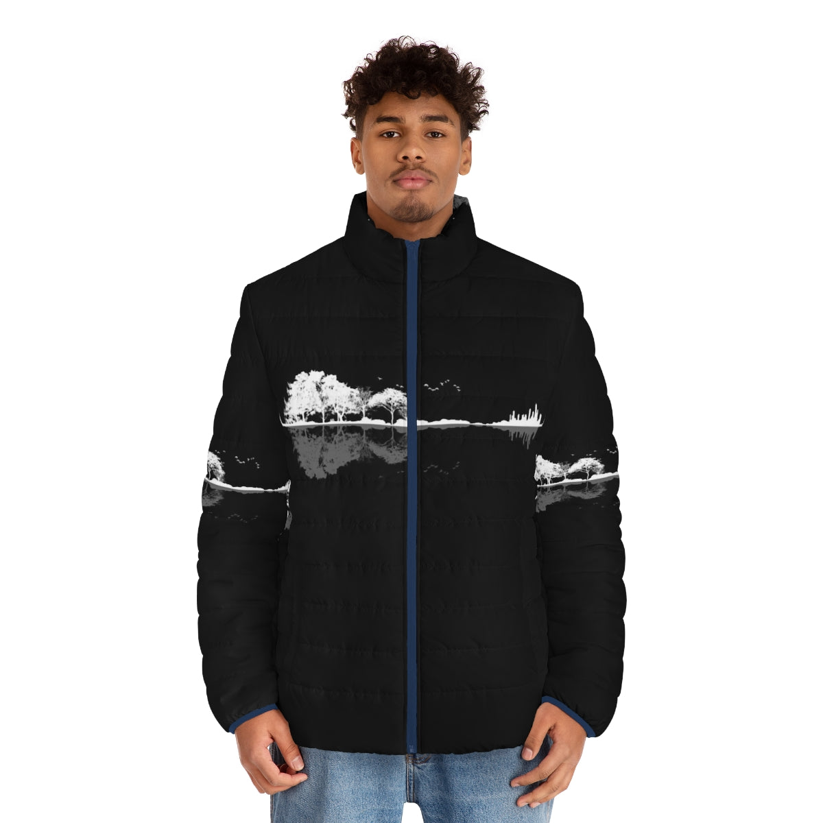 Nature-inspired minimalist puffer jacket with music theme - men front