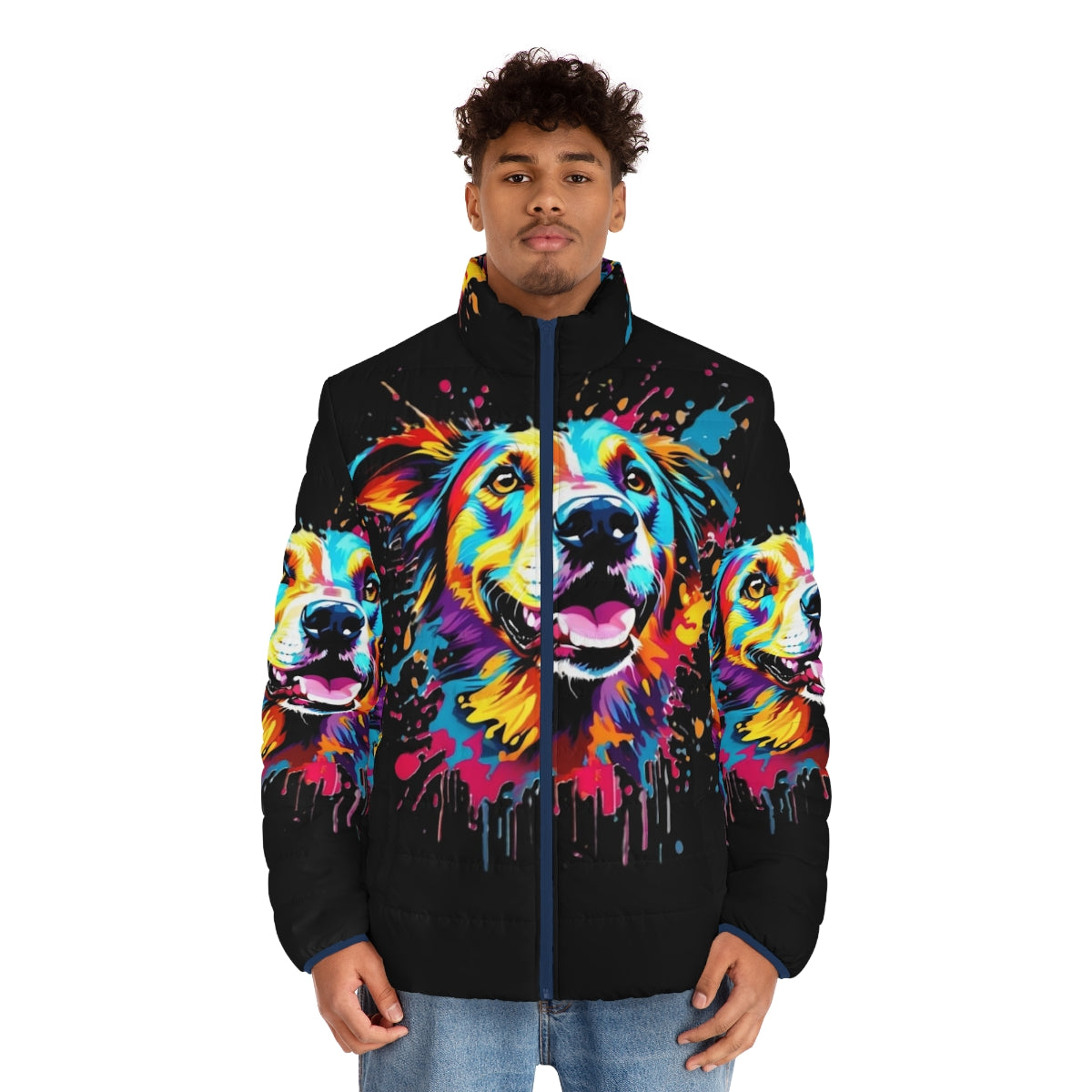 Colorful puffer jacket with a dog splash print design - men front