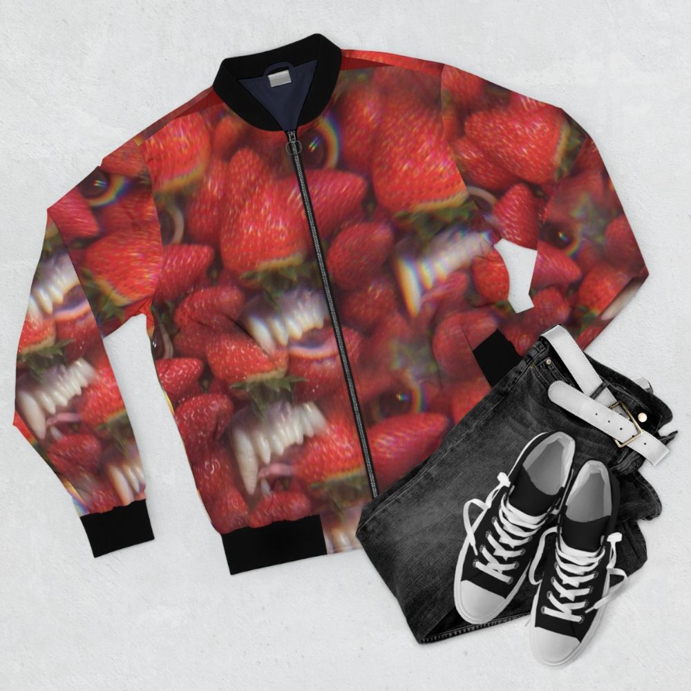 Thee Oh Sees Floating Coffin Bomber Jacket with band logo and artwork - Flat lay