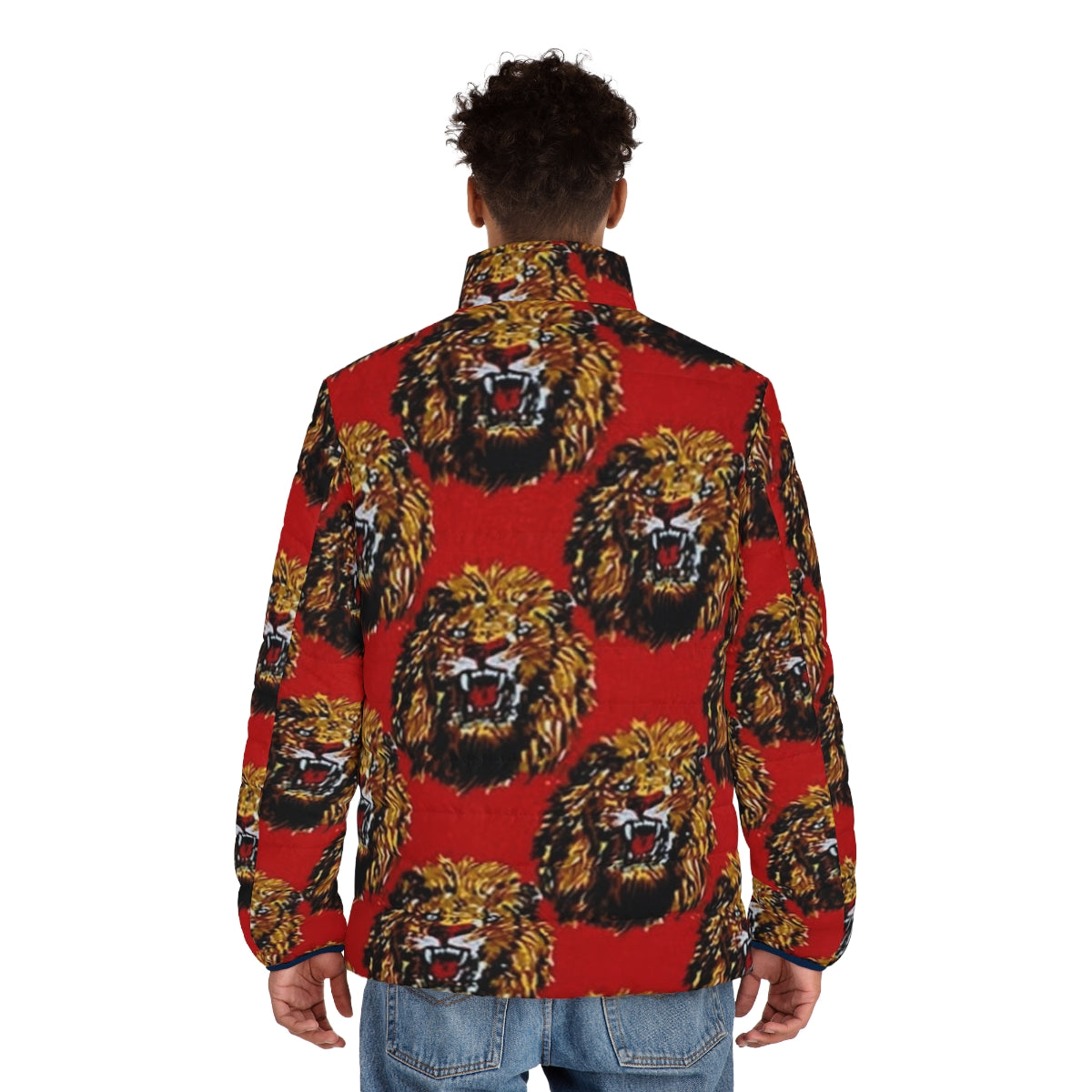 Red puffer jacket with Isi Agu (Lion Head) Igbo cultural patterns - men back