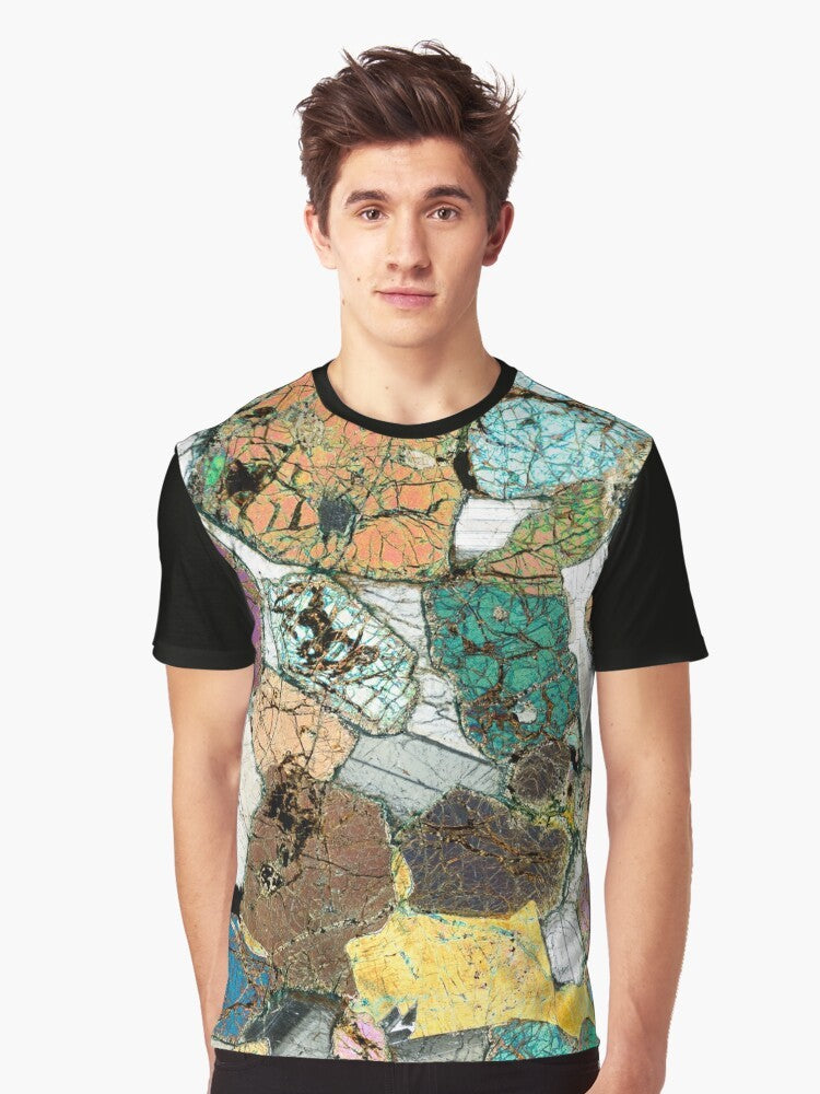 Graphic t-shirt featuring a microscope photo of peridotite, a type of geological rock from Ardnamurchan, Scotland. - Men