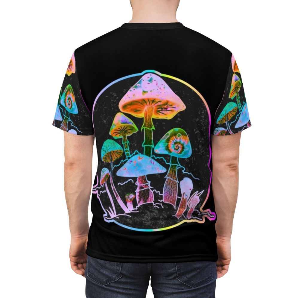 Trippy mushroom design t-shirt with colorful, psychedelic, and consciousness-themed graphics - men back