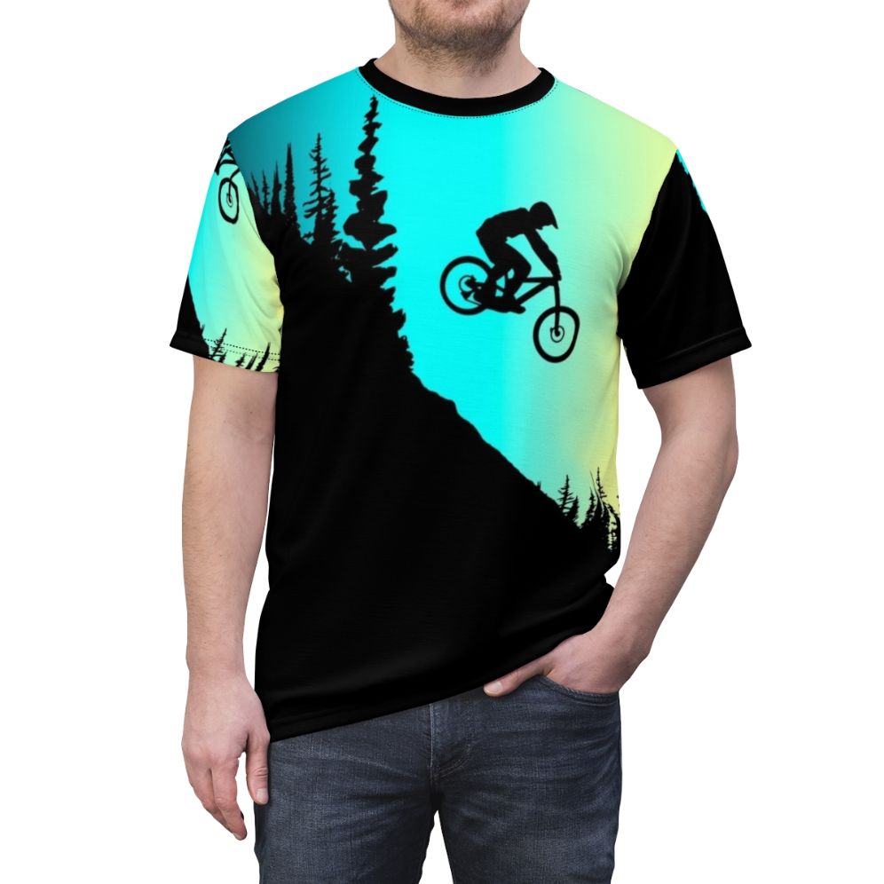 Colorful AOP t-shirt design featuring mountain biking silhouettes - men front