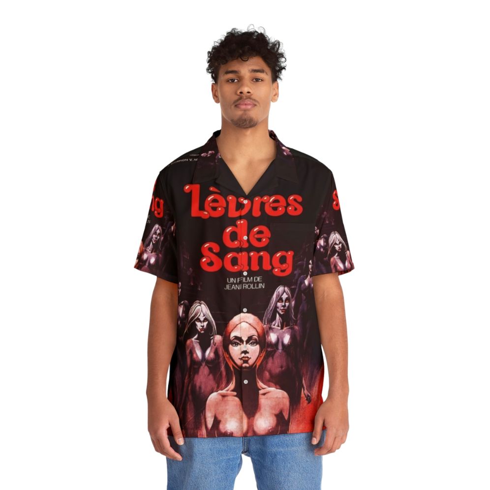 Blood Red Lips Hawaiian Shirt with Vampire Horror Movie Inspired Design - People Front