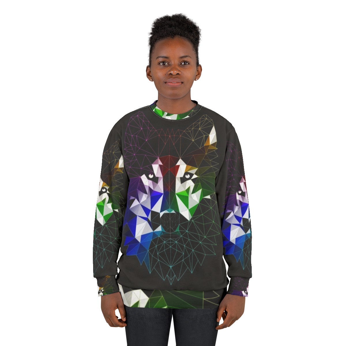 Geometric abstract wolf design on a grey sweatshirt - women