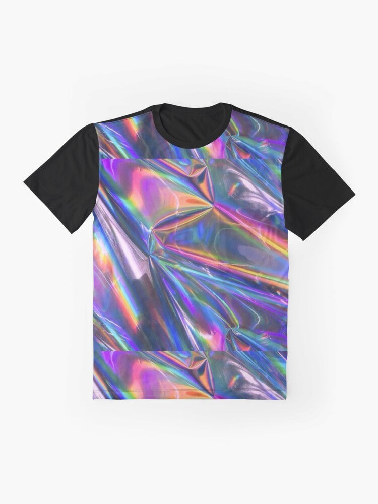 Holographic material graphic t-shirt with iridescent, shiny, and reflective texture - Flat lay