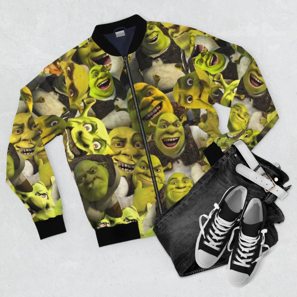 Shrek Collage Bomber Jacket - Vibrant, Funny Shrek-themed Outerwear - Flat lay