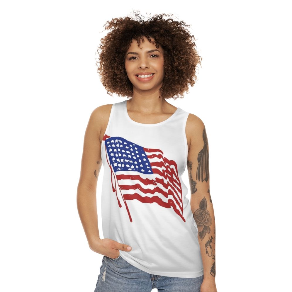 Unisex tank top with waving American flag design - women