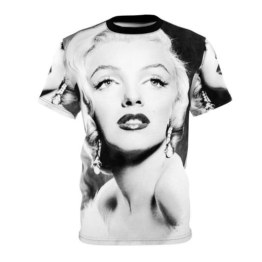 Vintage black and white portrait of iconic Hollywood actress Marilyn Monroe on a t-shirt.