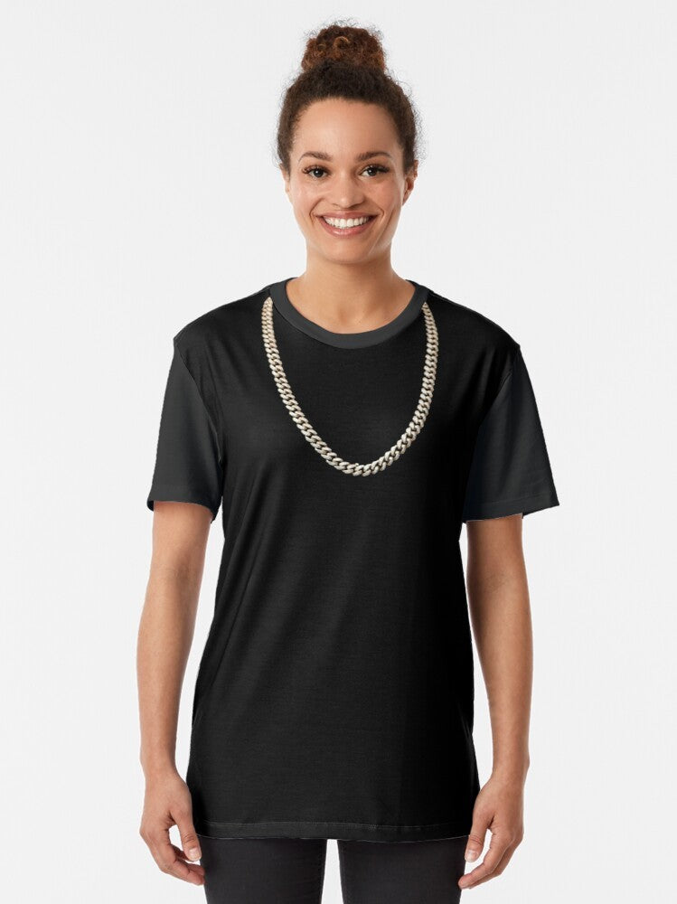 Stylish gold chain graphic design t-shirt for hip hop and bling enthusiasts. - Women