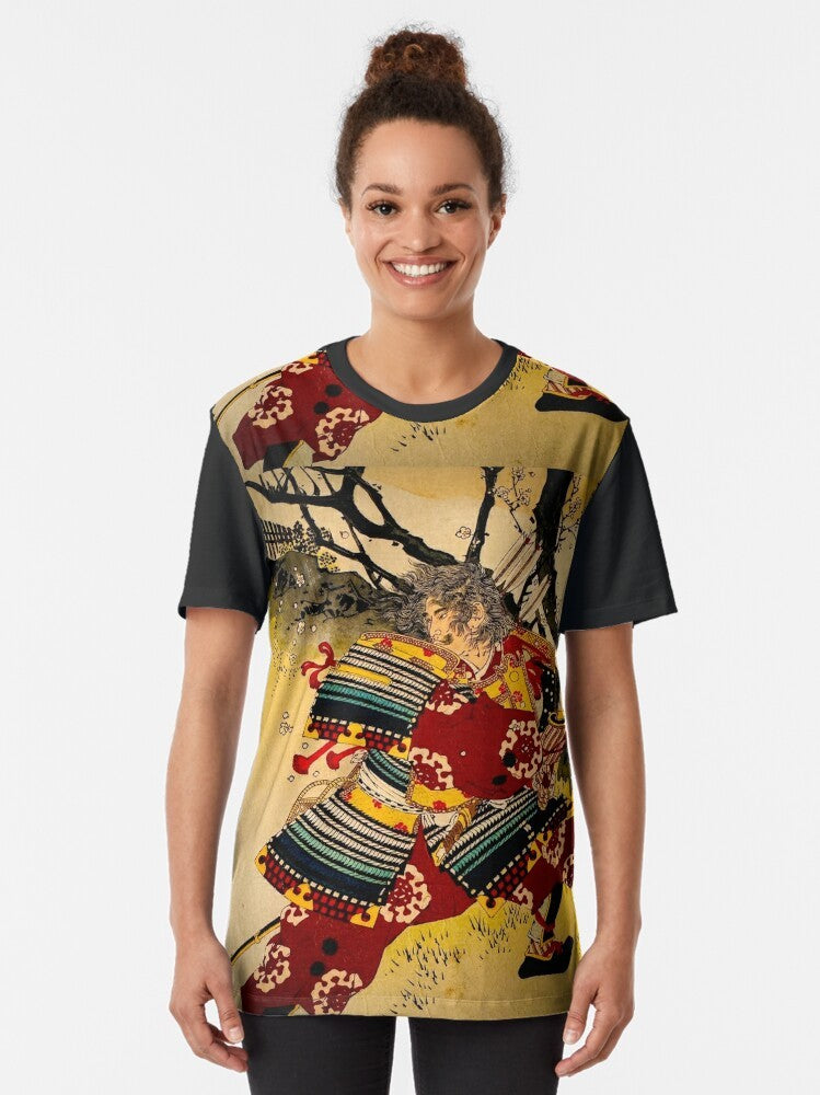 A t-shirt featuring a samurai warrior design in the traditional ukiyo-e Japanese art style. - Women