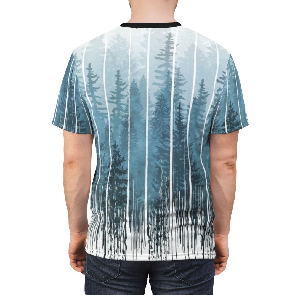 Grunge dripping turquoise and misty forest design on a t-shirt - men back