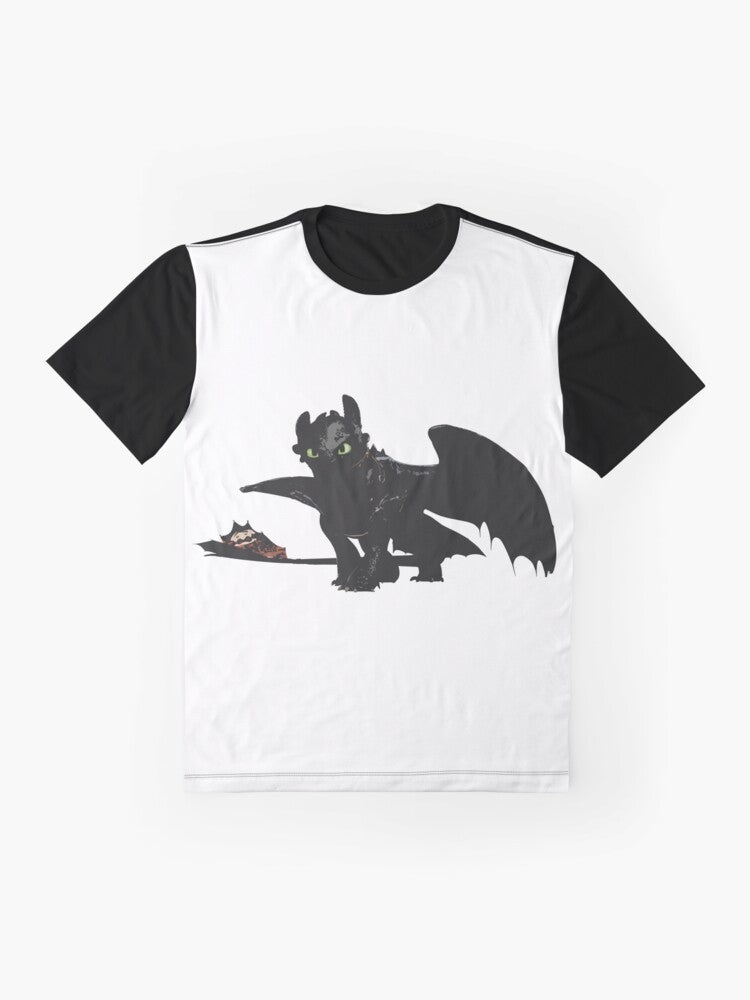 Toothless the dragon from the How to Train Your Dragon movie series on a graphic t-shirt design - Flat lay