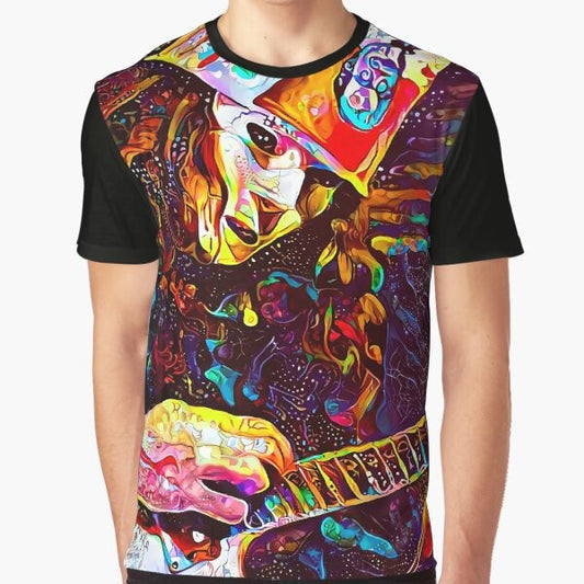 Buckethead Udnie Wave Graphic T-Shirt featuring a colorful, abstract wave design and the Buckethead logo