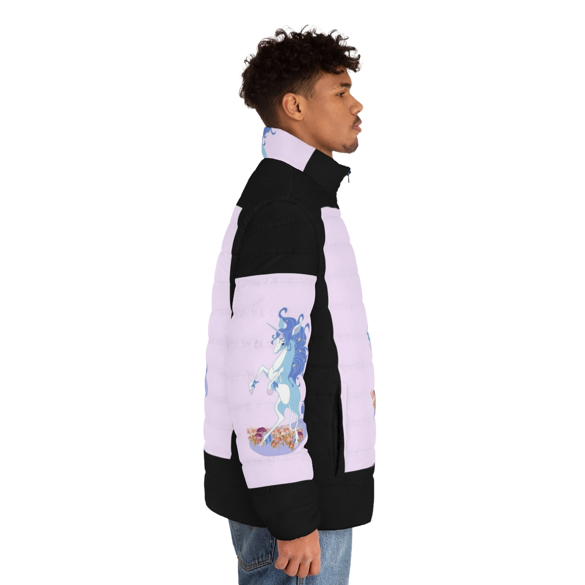 A whimsical puffer jacket featuring the iconic unicorn from the beloved fantasy film The Last Unicorn. - men side right