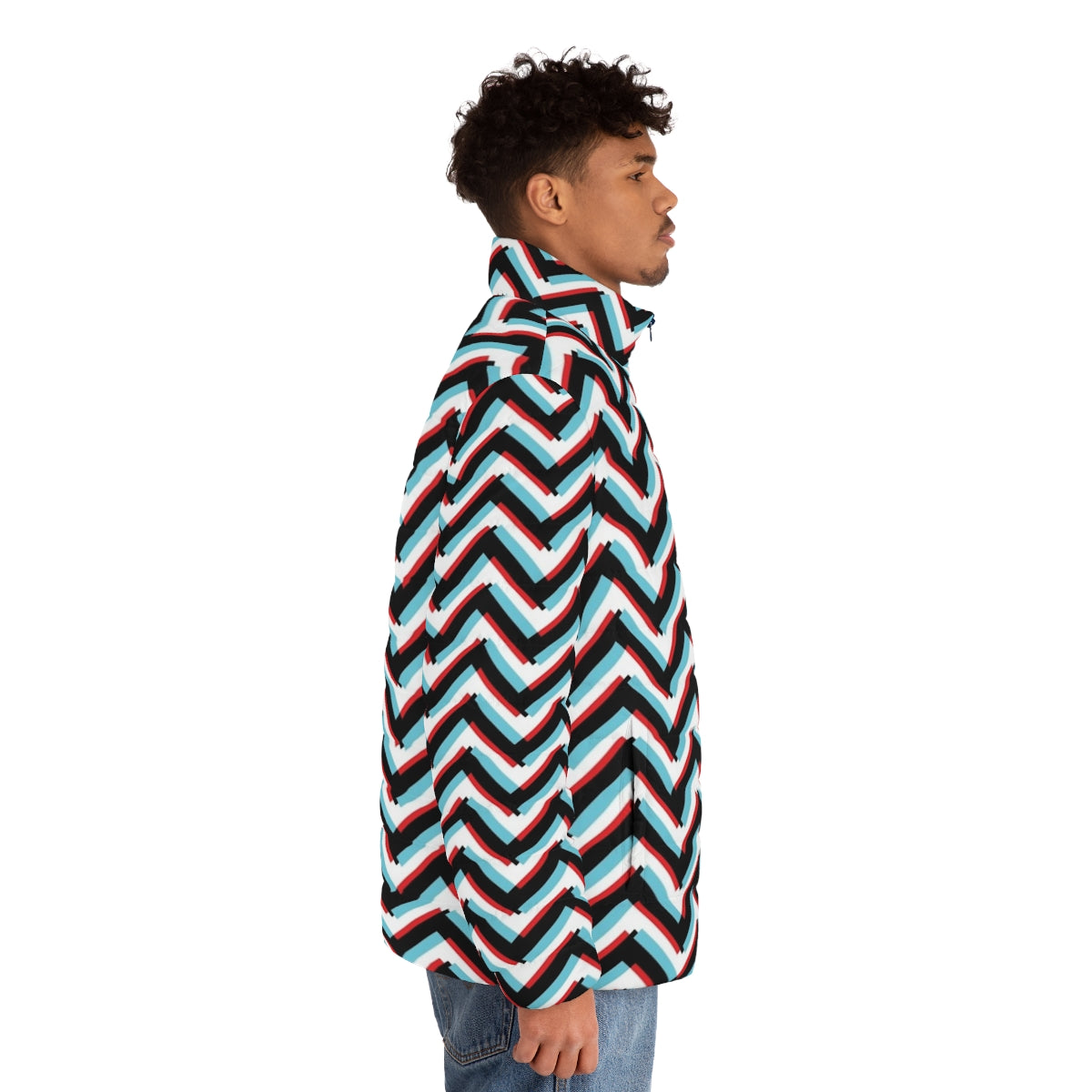 Stereoscopic chevron puffer jacket with zig zag pattern, abstract design inspired by David Lynch - men side right