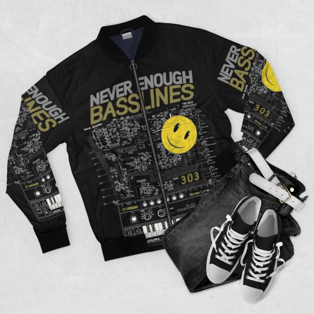 Bomber jacket featuring a 303 / Never Enough Basslines design for synth and electronic music fans - Flat lay