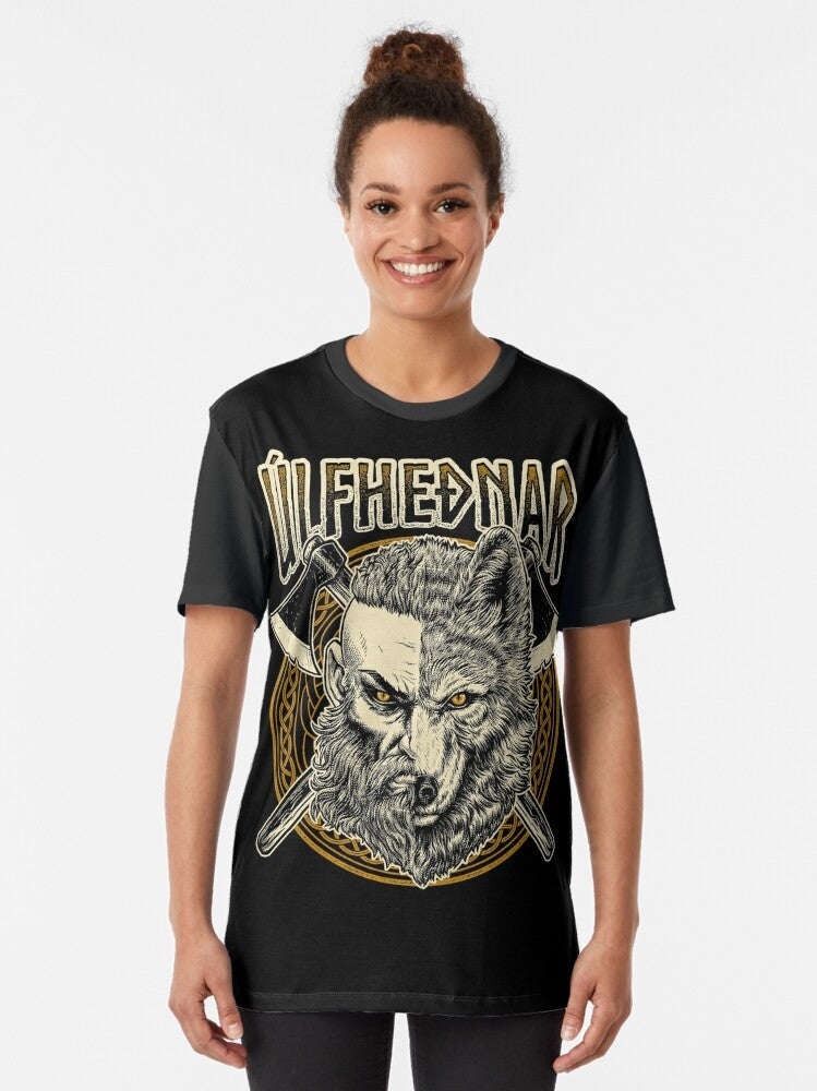 Graphic t-shirt featuring a viking ulfhednar warrior with norse pagan runes and symbols. - Women