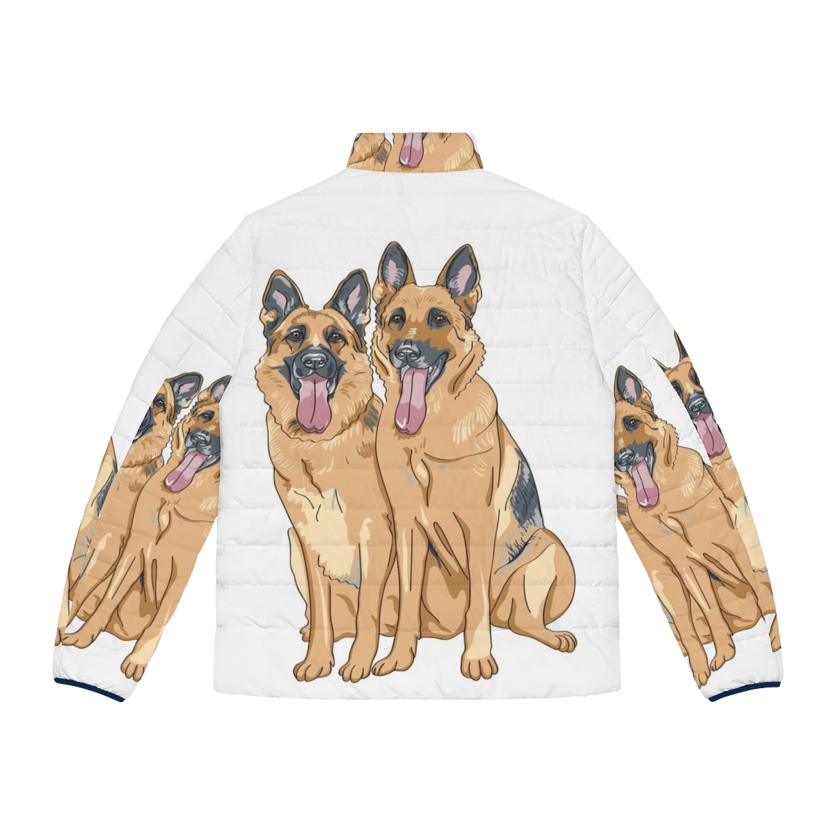 German Shepherd dog wearing a puffer jacket - Back