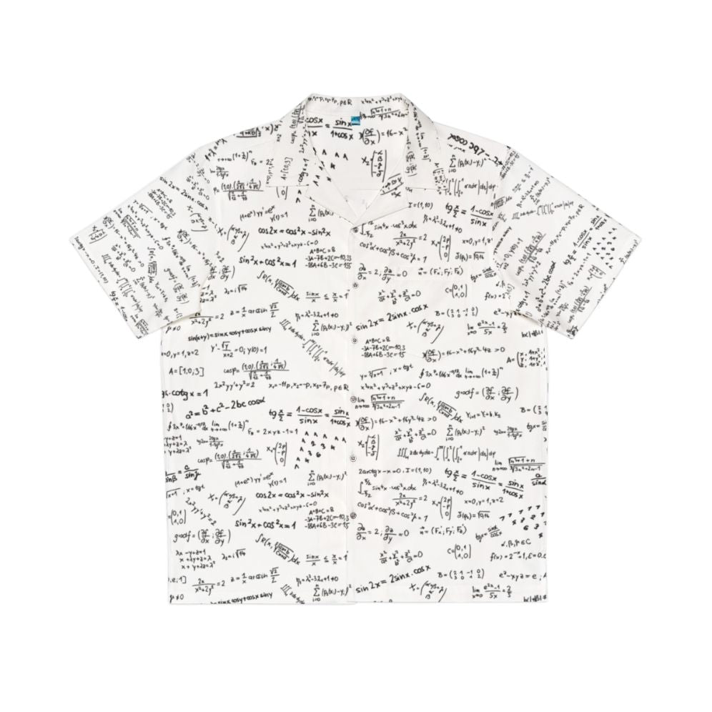 Math formulas and numbers printed on a colorful Hawaiian-style shirt