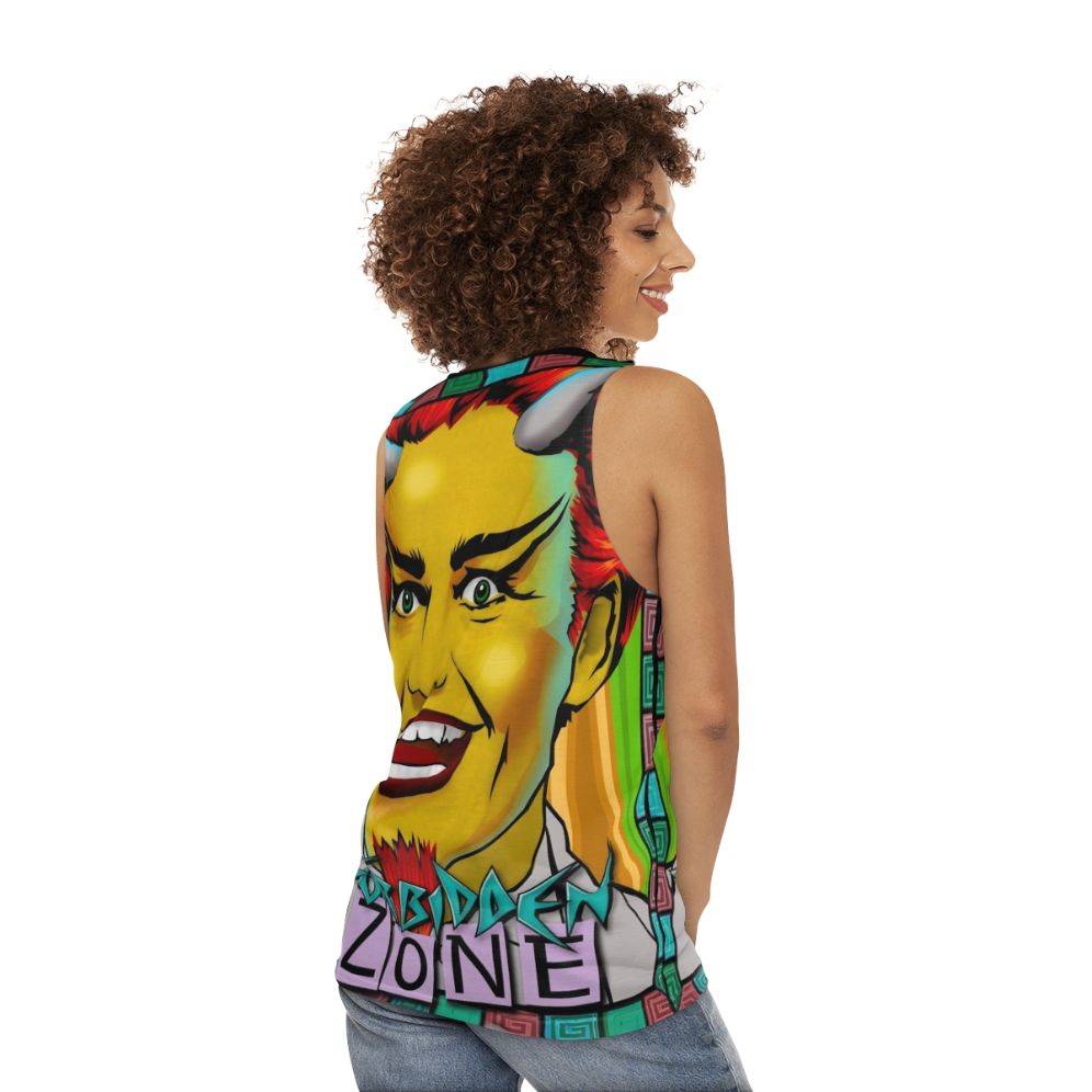 Unisex tank top with Forbidden Zone pop culture fanart design - women back