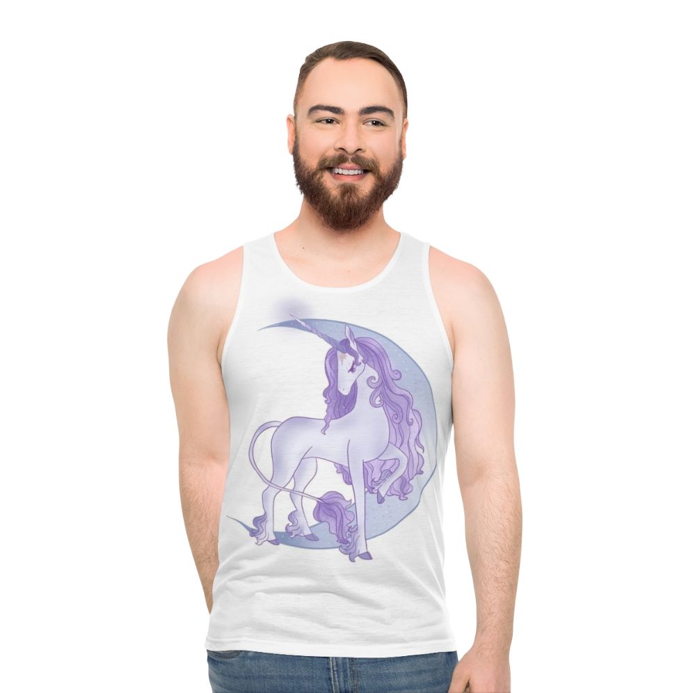 Unisex tank top featuring a magical white unicorn design with a crescent moon - men