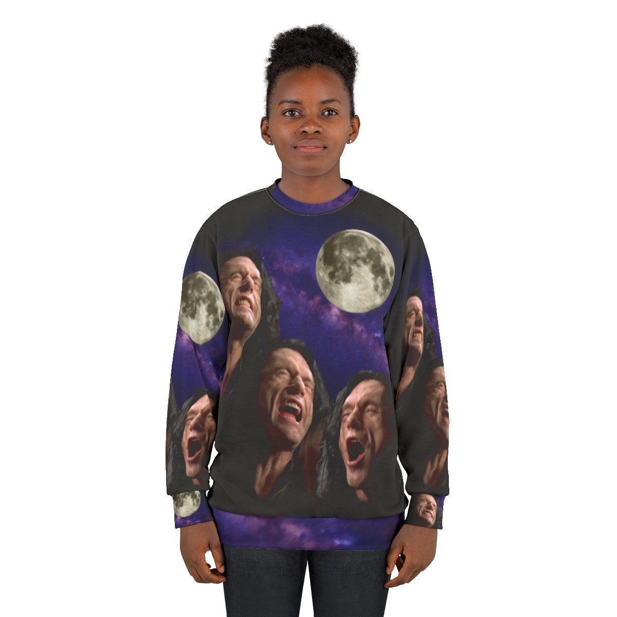 Three Wiseau Moon Sweatshirt with Tommy Wiseau, The Room, and Disaster Artist Meme Design - women