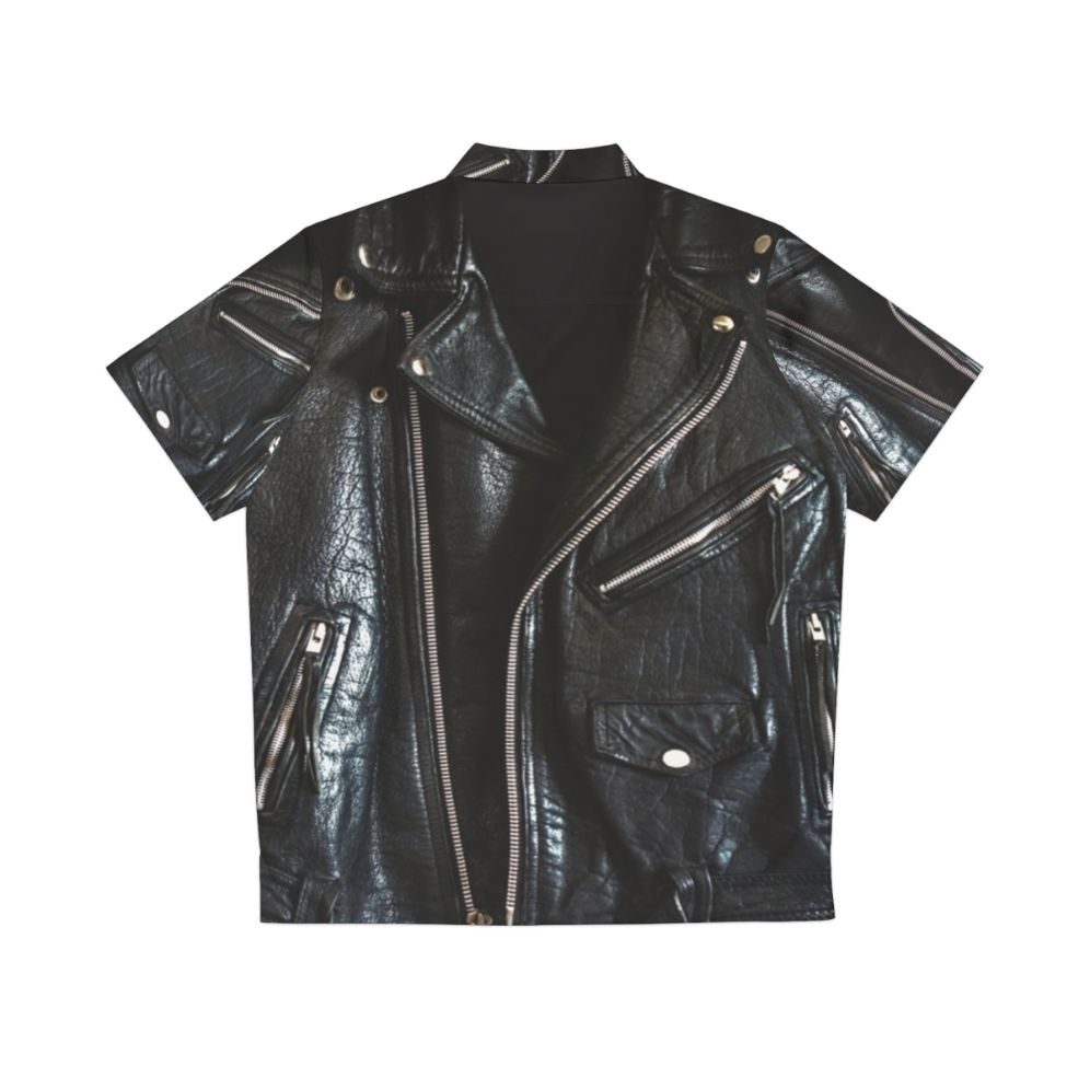 Black leather jacket with a tropical Hawaiian shirt pattern - Back