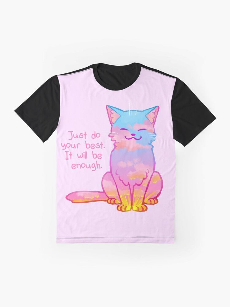 Sunset cat graphic t-shirt with positive affirmation - Flat lay