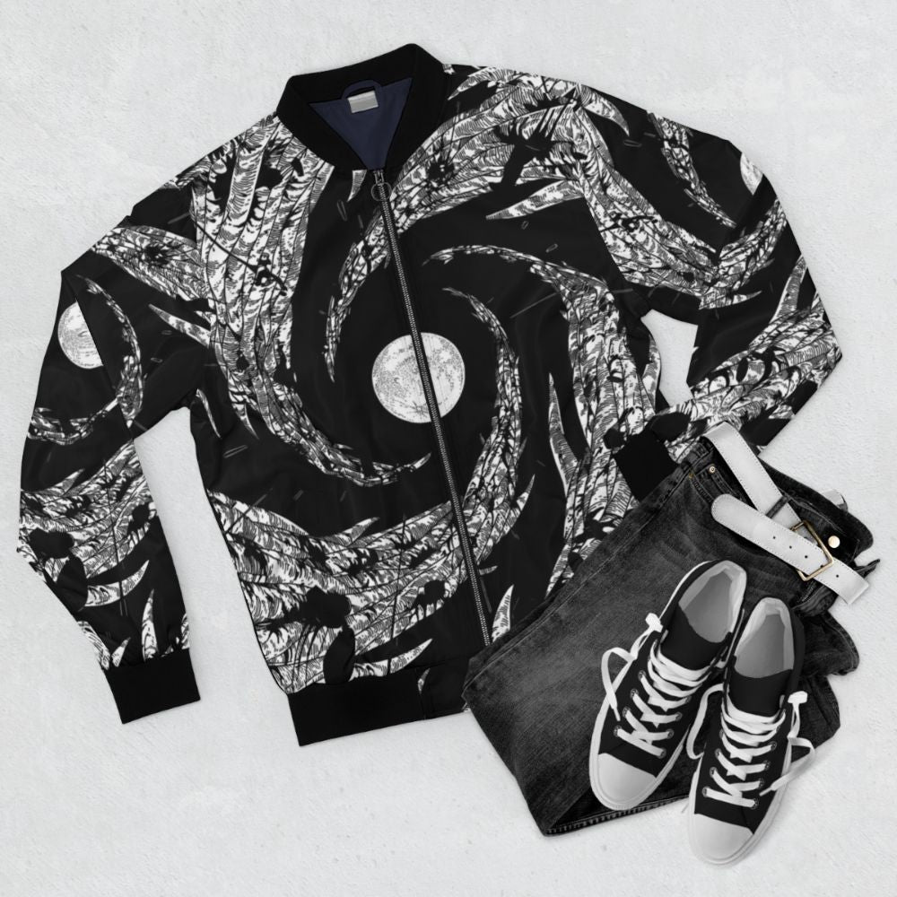 Dark Moon and Rain Bomber Jacket with Nature Motifs - Flat lay