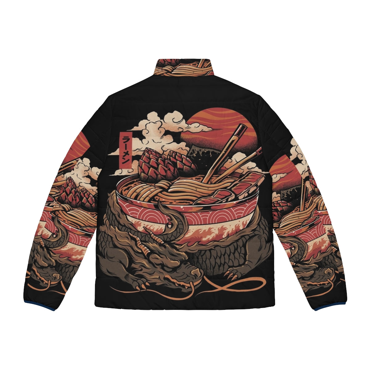 Model wearing a puffer jacket with a dragon and ramen bowl design, focus keyword: dragon ramen puffer jacket - Back