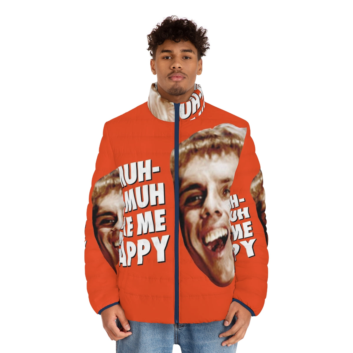 "A puffer jacket featuring the iconic 'Simple Jack' character from the movie Tropic Thunder, a pop culture and comedy reference." - men front