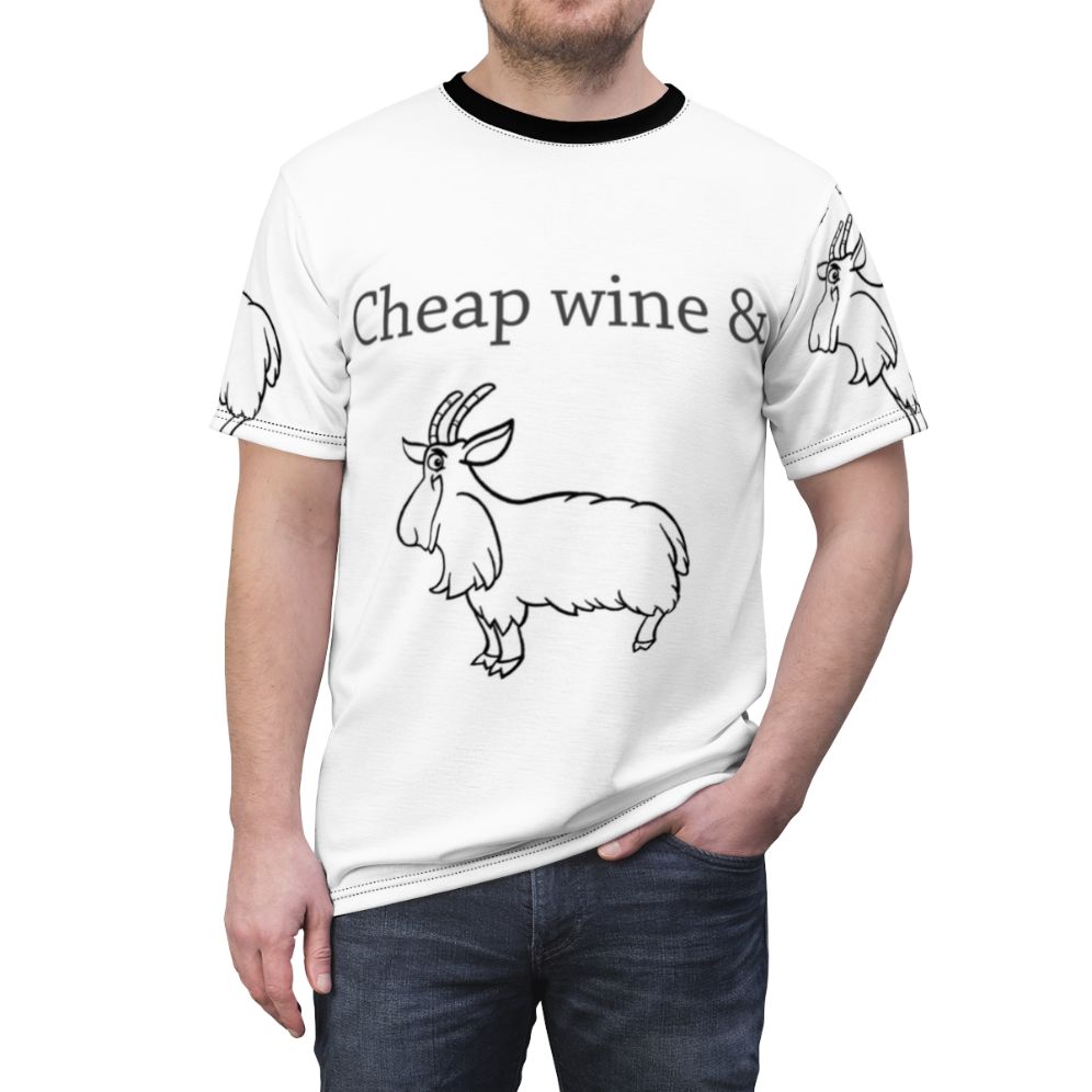 Humorous Australian-inspired t-shirt design featuring a cartoon three-legged goat and a glass of wine, with geometric shapes and elements of music and nature. - men front