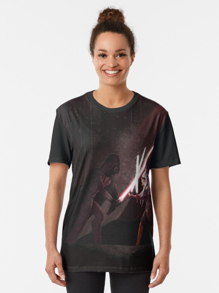 Star Wars-inspired graphic t-shirt featuring the battle between a Jedi Master and their Apprentice - Women