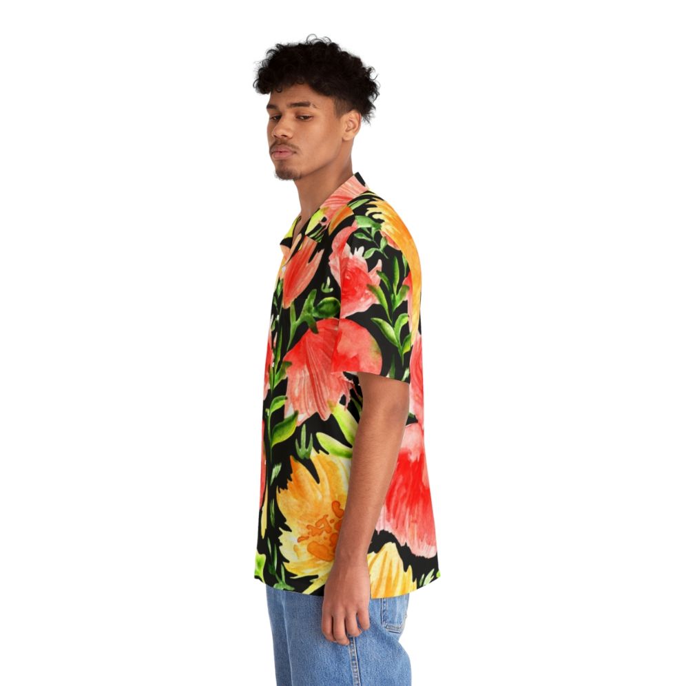 Watercolor floral Hawaiian shirt with black background - People Left