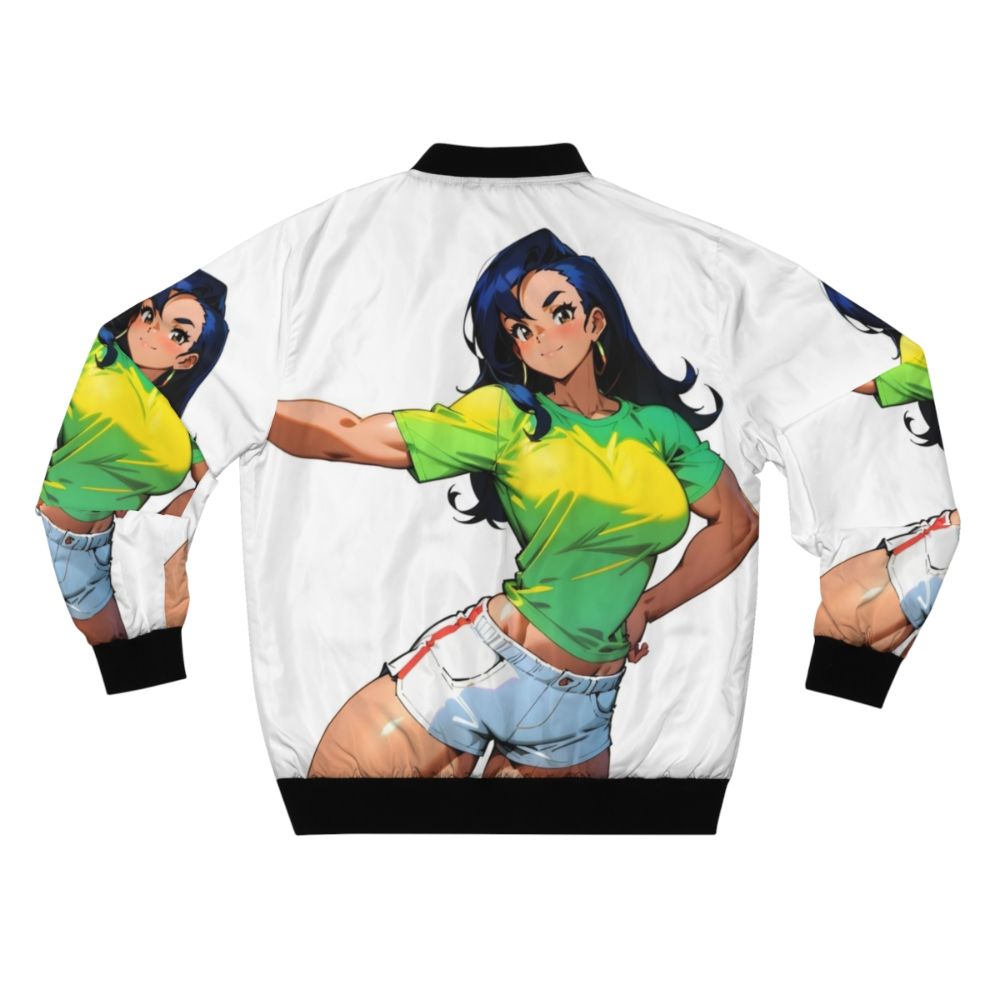 An anime-style bomber jacket featuring a strong, muscular female character, inspiring fitness and empowerment. - Back