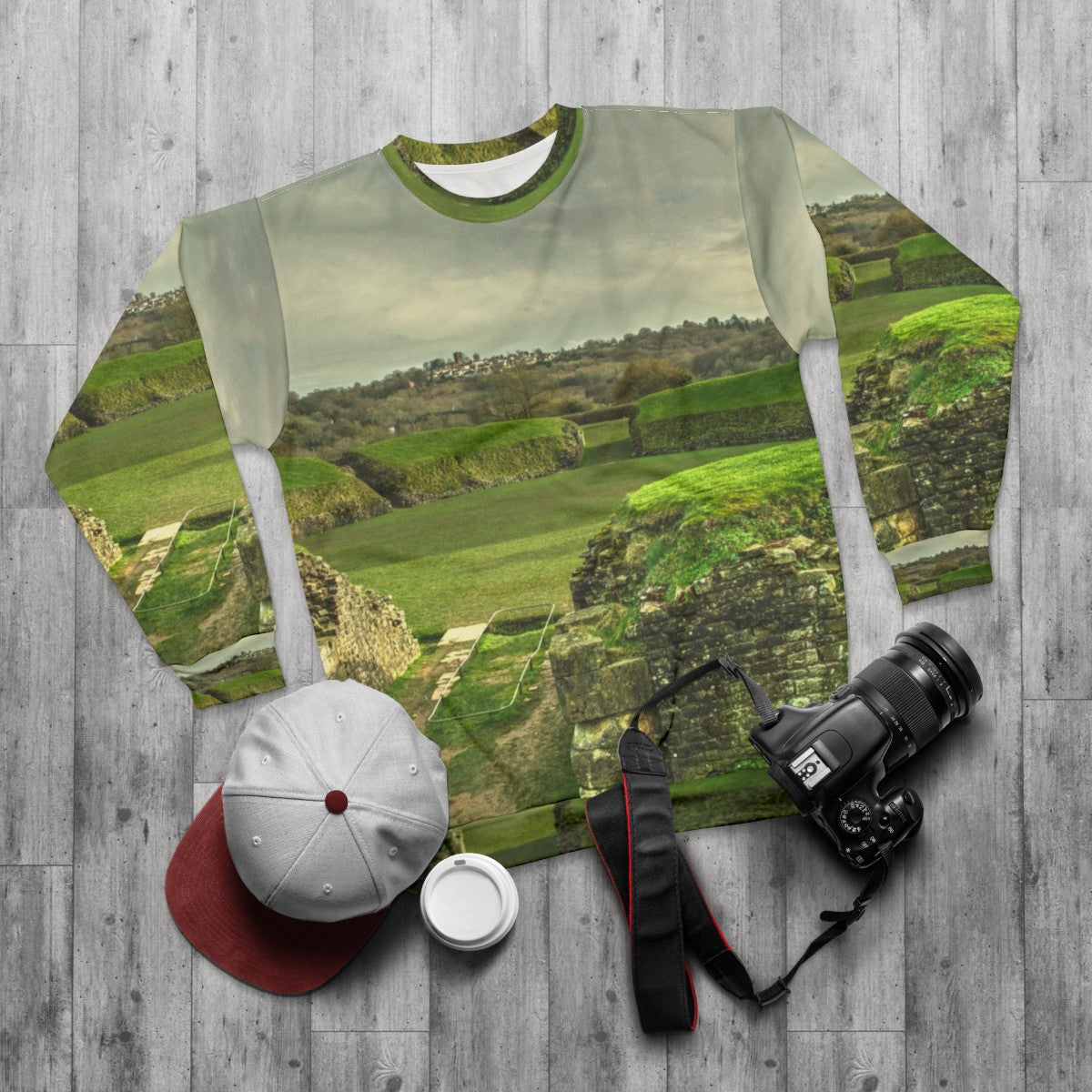 Caerleon Amphitheater Sweatshirt featuring ancient Roman ruins in Wales - flat lay