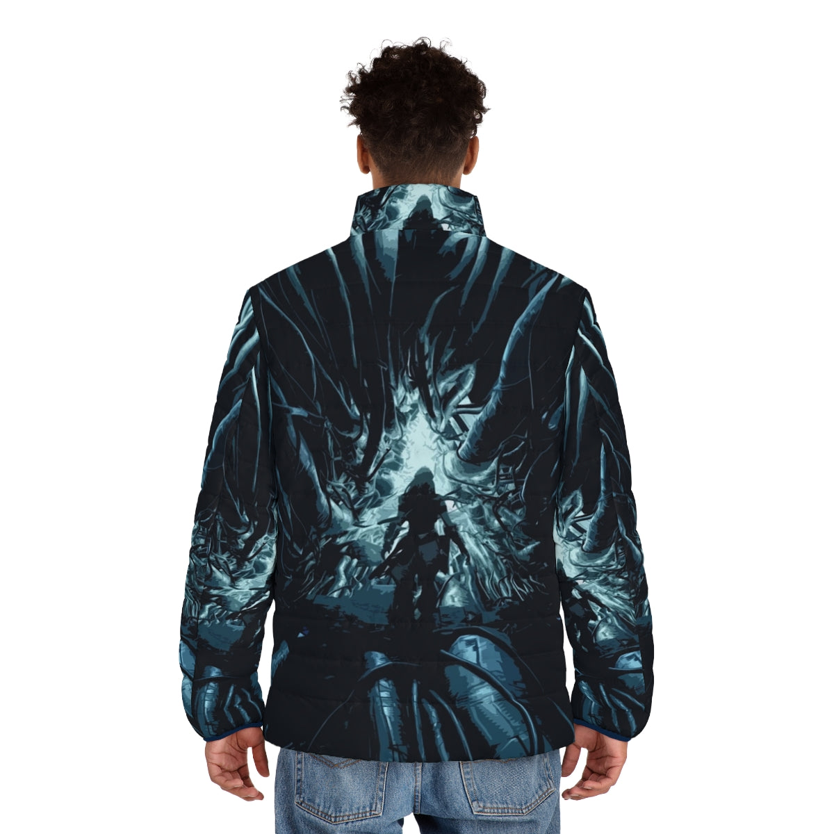 Horizon Zero Dawn Cauldron Puffer Jacket featuring a stylized mecha-inspired design - men back