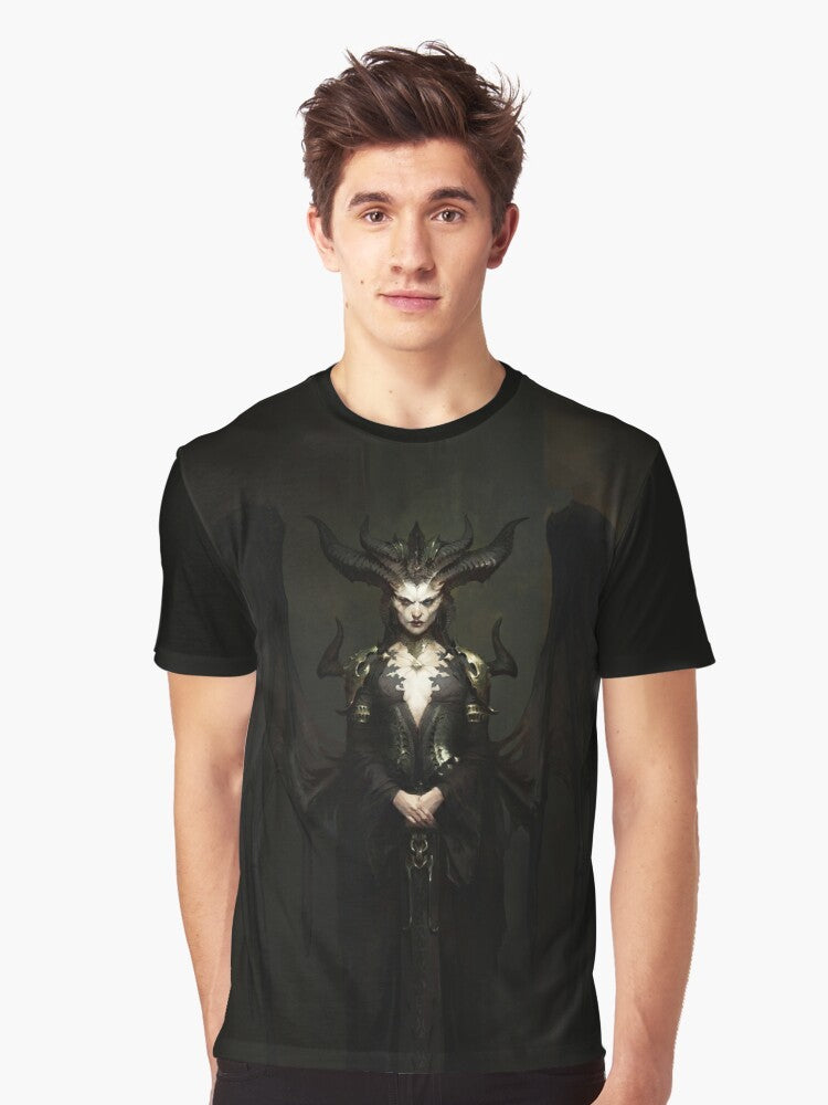 Diablo 4 Lilith graphic tshirt featuring the demonic sorceress Lilith from the upcoming Diablo 4 game by Blizzard - Men